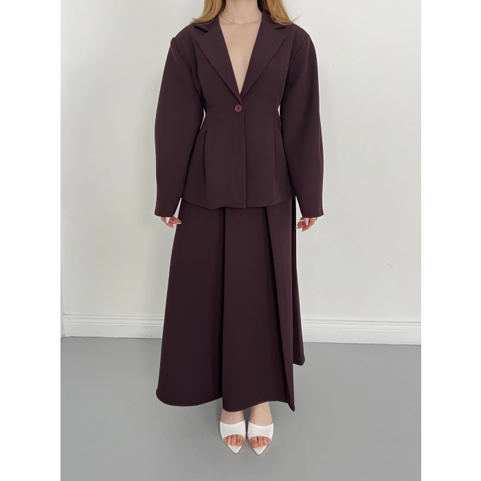 Kruvaze Yaka Ceket-Etek Takım Mürdüm