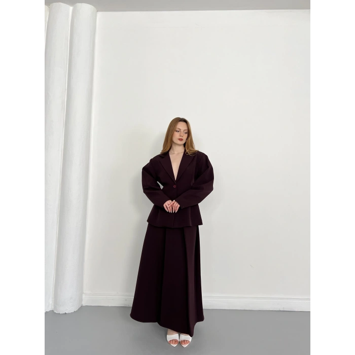 Kruvaze Yaka Ceket-Etek Takım Mürdüm