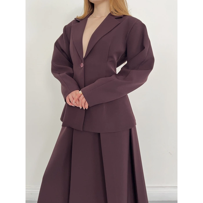 Kruvaze Yaka Ceket-Etek Takım Mürdüm