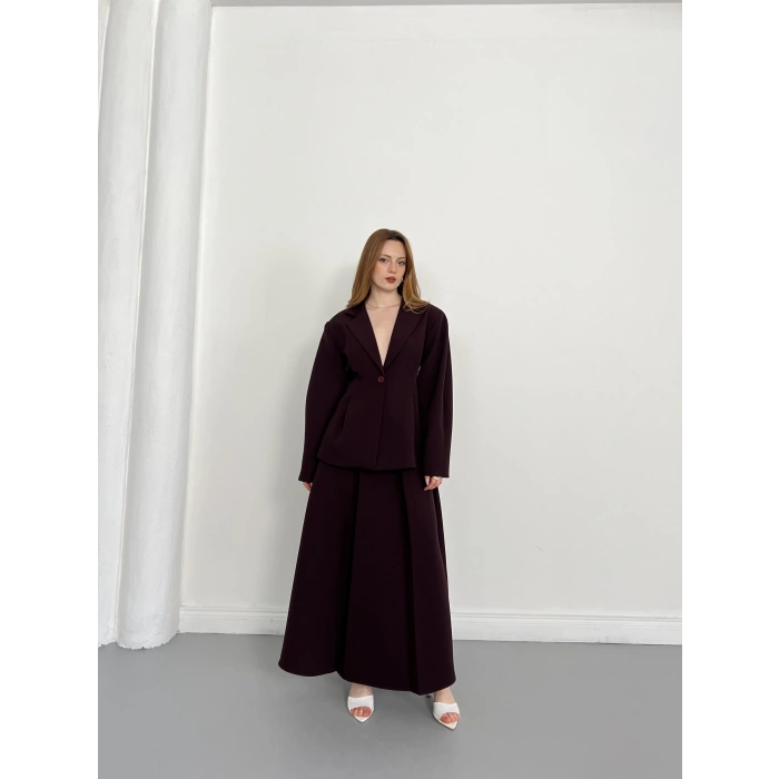 Kruvaze Yaka Ceket-Etek Takım Mürdüm