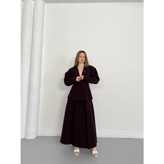 Kruvaze Yaka Ceket-Etek Takım Mürdüm