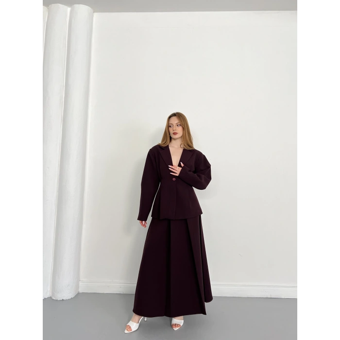 Kruvaze Yaka Ceket-Etek Takım Mürdüm