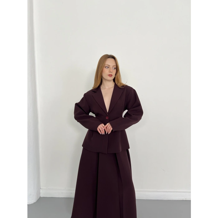 Kruvaze Yaka Ceket-Etek Takım Mürdüm