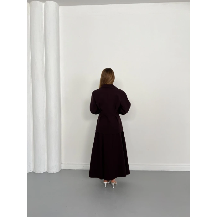 Kruvaze Yaka Ceket-Etek Takım Mürdüm