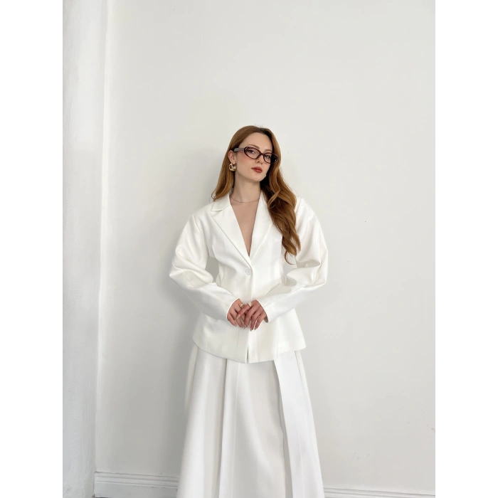 Kruvaze Yaka Ceket-Etek Takım Beyaz
