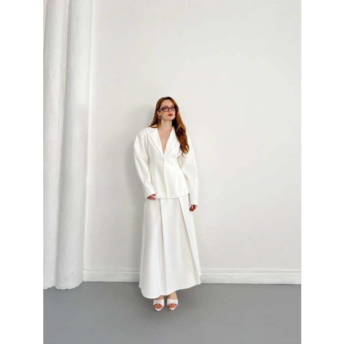 Kruvaze Yaka Ceket-Etek Takım Beyaz