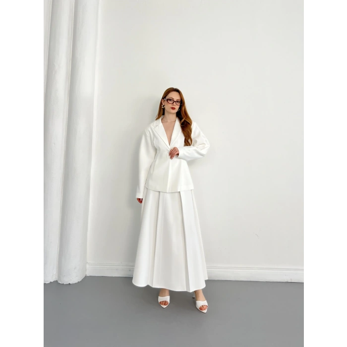Kruvaze Yaka Ceket-Etek Takım Beyaz