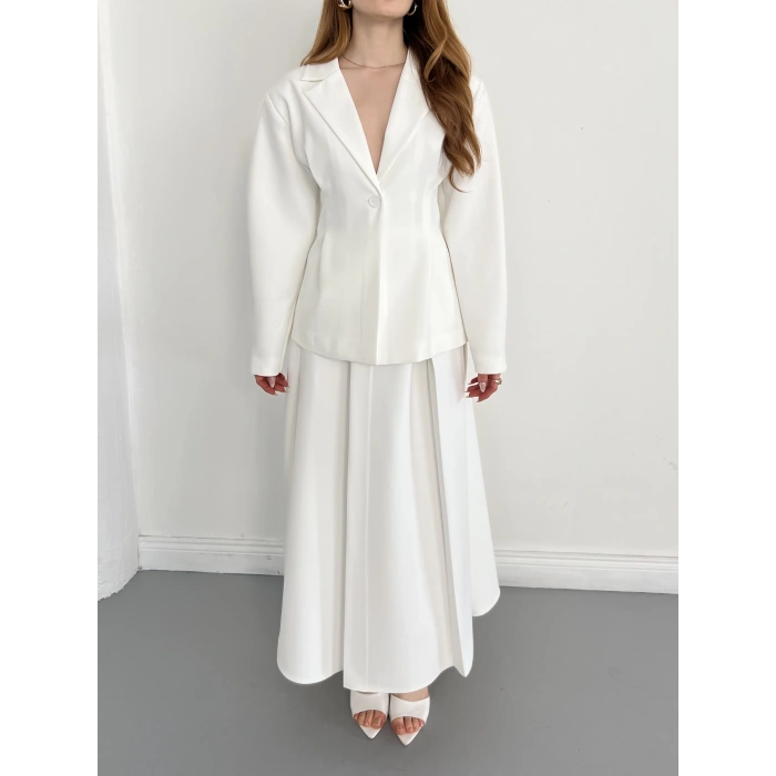 Kruvaze Yaka Ceket-Etek Takım Beyaz