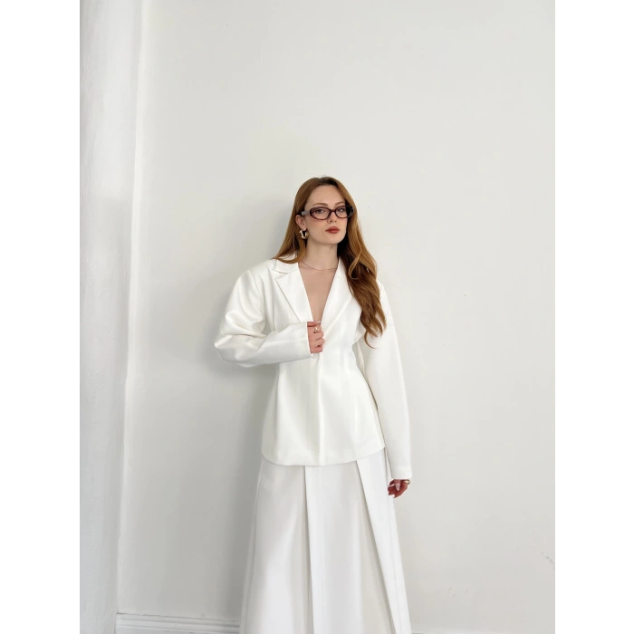 Kruvaze Yaka Ceket-Etek Takım Beyaz