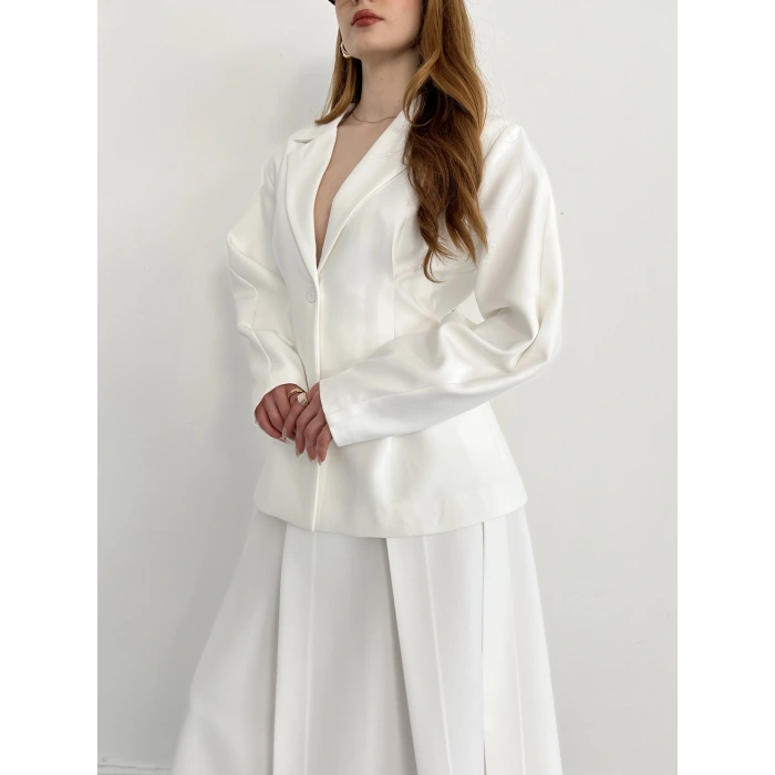 Kruvaze Yaka Ceket-Etek Takım Beyaz