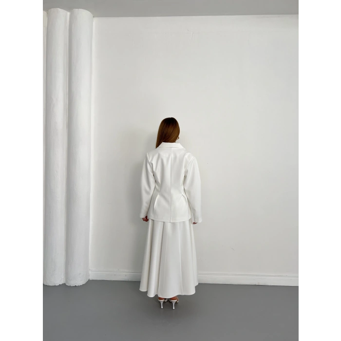 Kruvaze Yaka Ceket-Etek Takım Beyaz