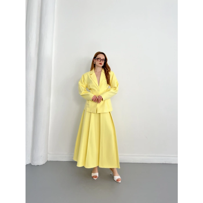 Kruvaze Yaka Ceket-Etek Takım Sarı