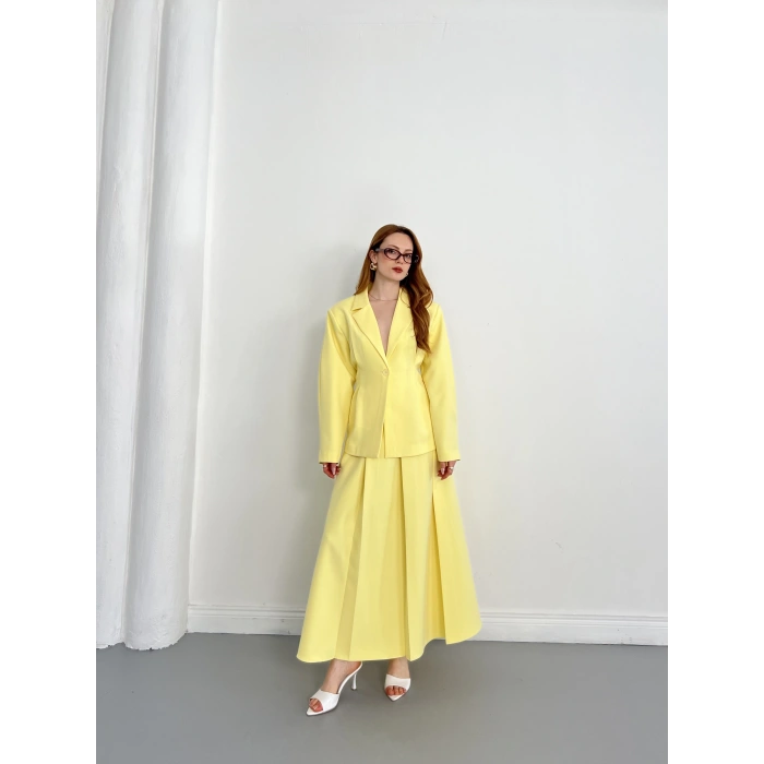 Kruvaze Yaka Ceket-Etek Takım Sarı