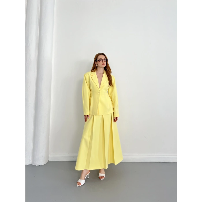 Kruvaze Yaka Ceket-Etek Takım Sarı
