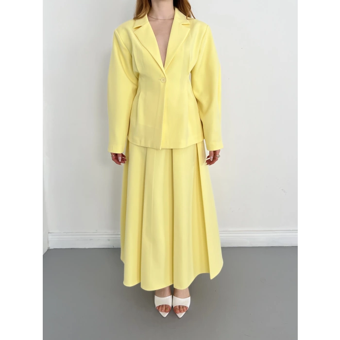 Kruvaze Yaka Ceket-Etek Takım Sarı