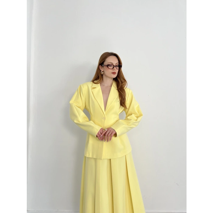 Kruvaze Yaka Ceket-Etek Takım Sarı