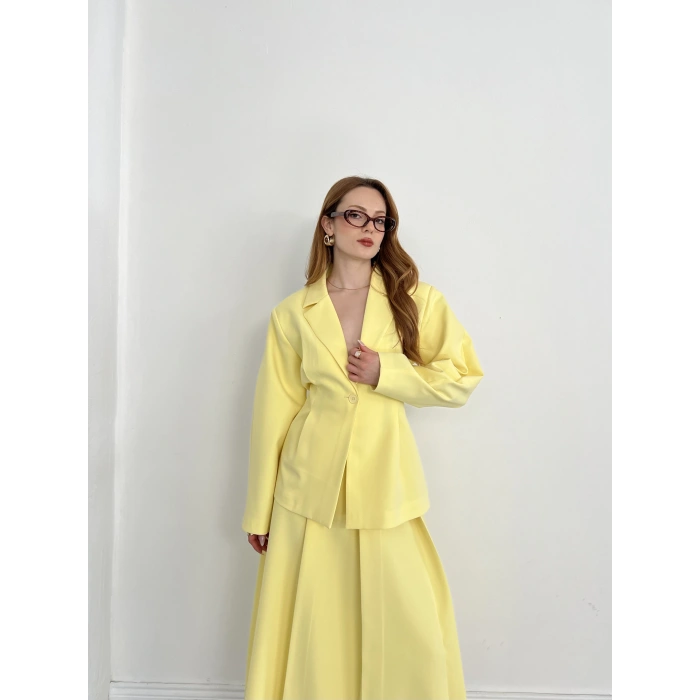 Kruvaze Yaka Ceket-Etek Takım Sarı