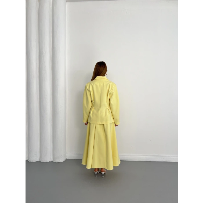 Kruvaze Yaka Ceket-Etek Takım Sarı