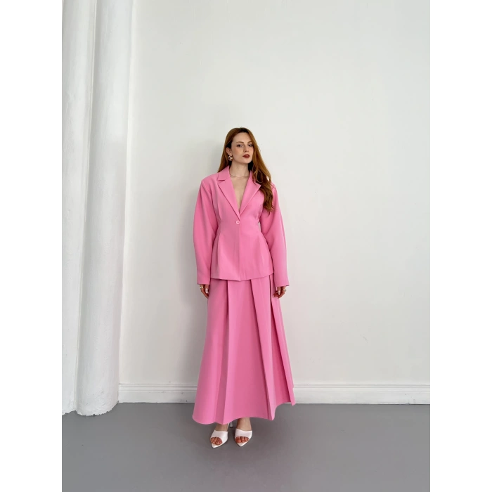 Kruvaze Yaka Ceket-Etek Takım Pembe
