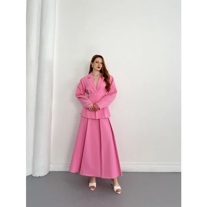Kruvaze Yaka Ceket-Etek Takım Pembe