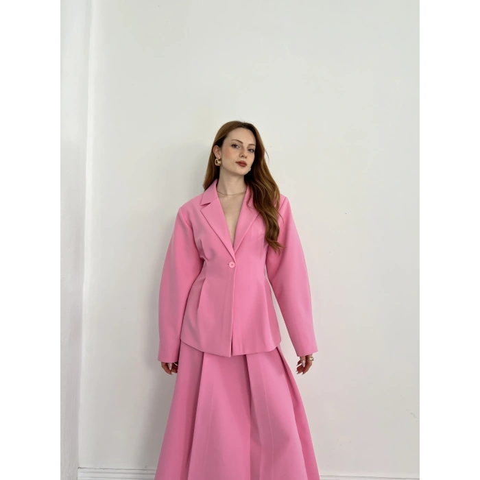 Kruvaze Yaka Ceket-Etek Takım Pembe
