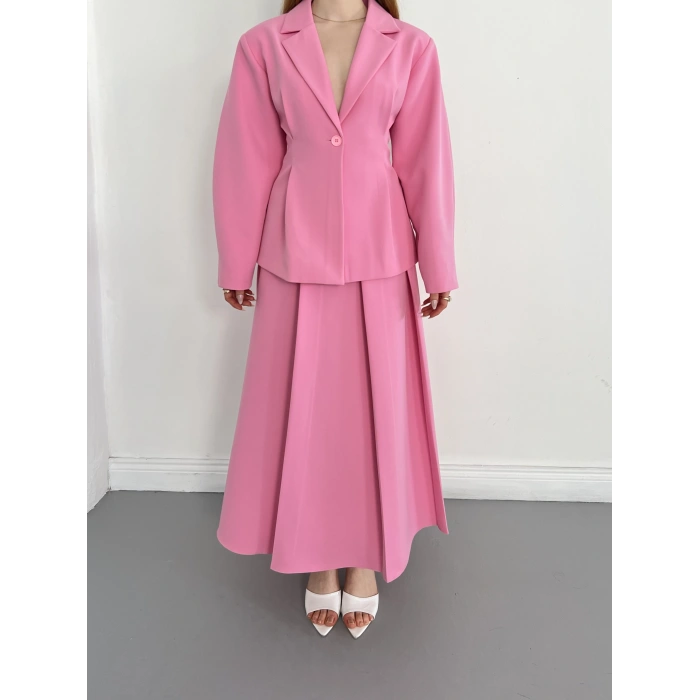 Kruvaze Yaka Ceket-Etek Takım Pembe