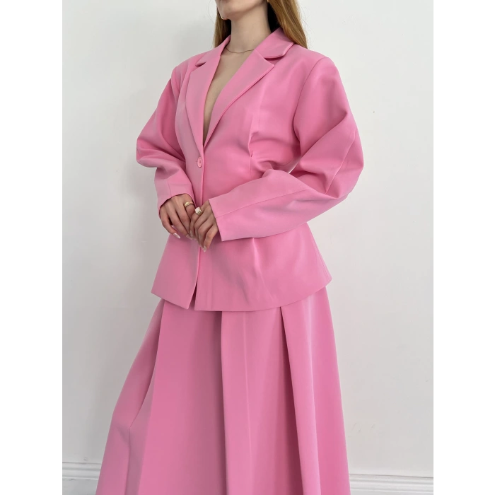 Kruvaze Yaka Ceket-Etek Takım Pembe