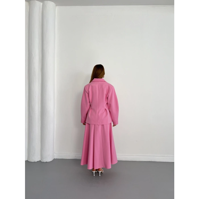 Kruvaze Yaka Ceket-Etek Takım Pembe