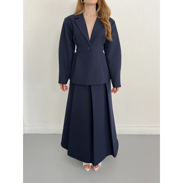 Kruvaze Yaka Ceket-Etek Takım Lacivert