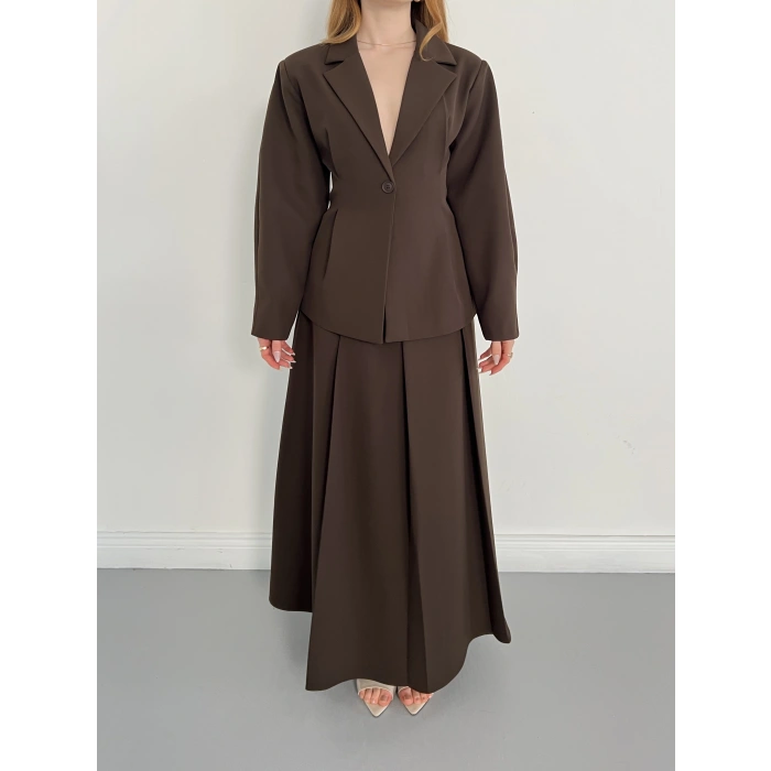 Kruvaze Yaka Ceket-Etek Takım Kahve