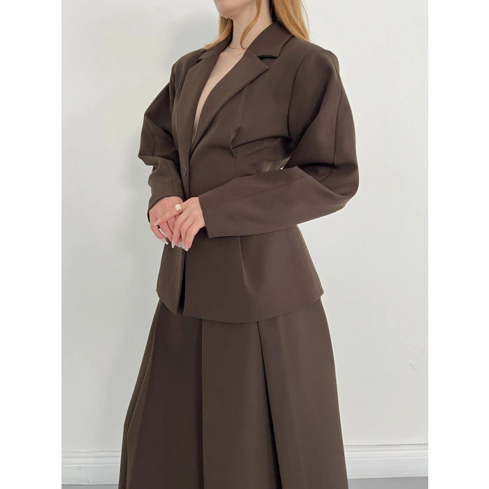 Kruvaze Yaka Ceket-Etek Takım Kahve