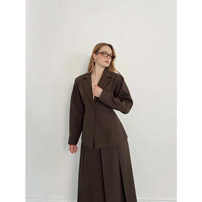 Kruvaze Yaka Ceket-Etek Takım Kahve