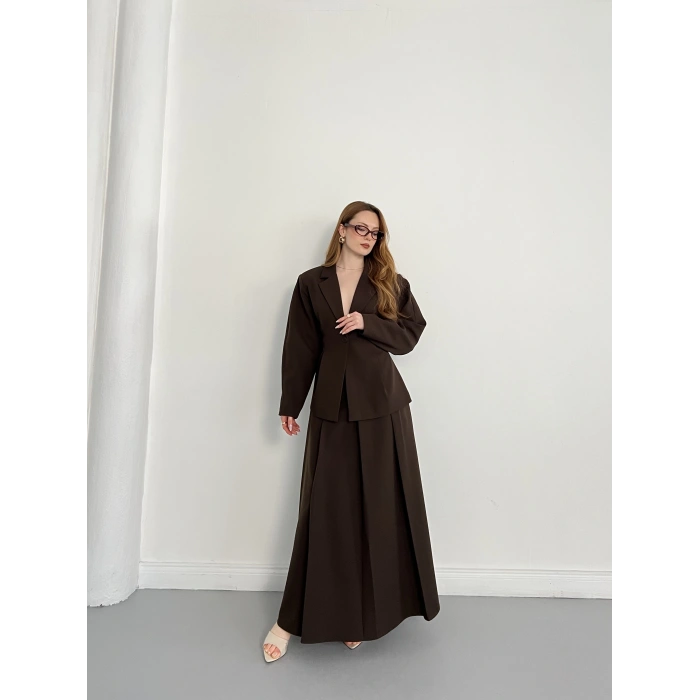 Kruvaze Yaka Ceket-Etek Takım Kahve
