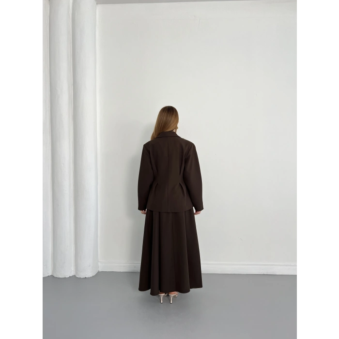 Kruvaze Yaka Ceket-Etek Takım Kahve