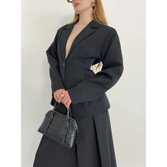 Kruvaze Yaka Ceket-Etek Takım Siyah