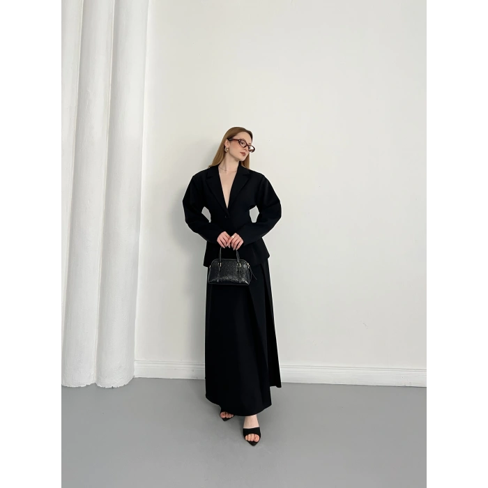 Kruvaze Yaka Ceket-Etek Takım Siyah