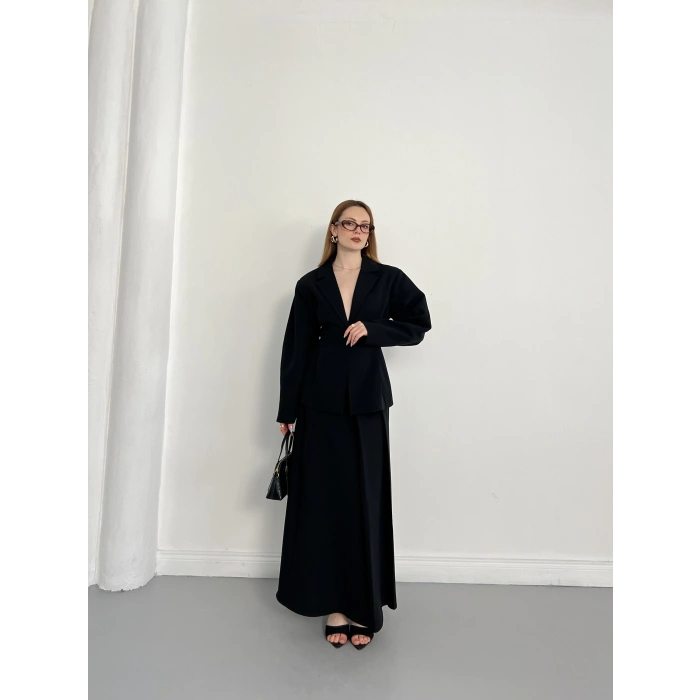 Kruvaze Yaka Ceket-Etek Takım Siyah