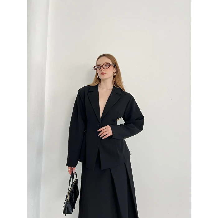 Kruvaze Yaka Ceket-Etek Takım Siyah