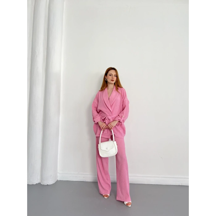 Bürümcük Bel Bağlamalı Kruvaze Yaka Tasarım Takım Pembe
