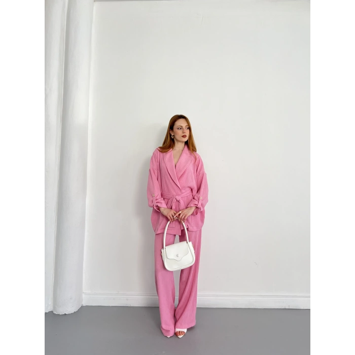 Bürümcük Bel Bağlamalı Kruvaze Yaka Tasarım Takım Pembe