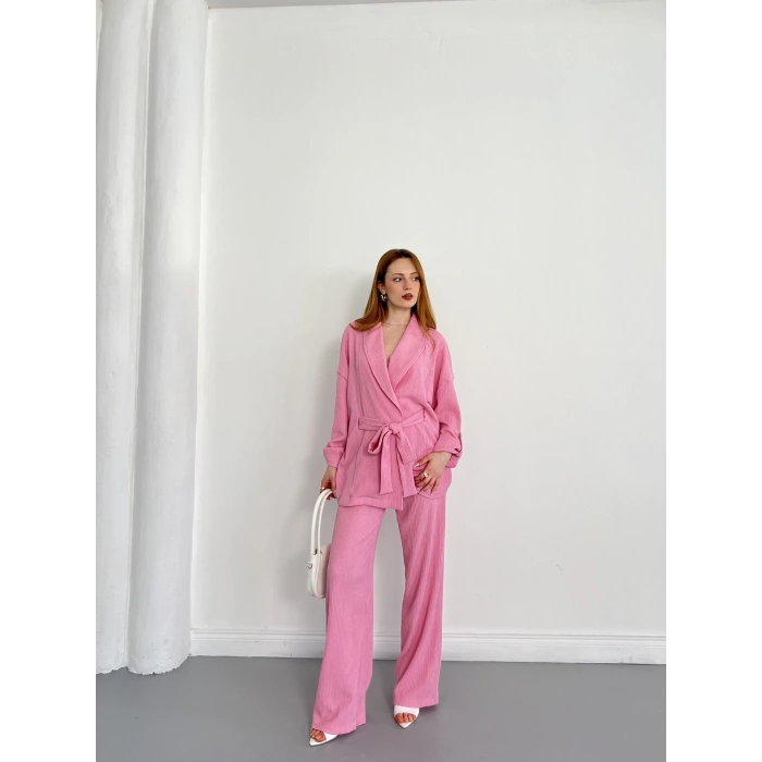 Bürümcük Bel Bağlamalı Kruvaze Yaka Tasarım Takım Pembe