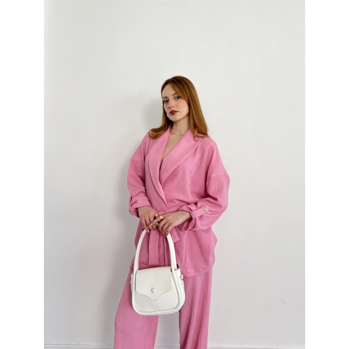 Bürümcük Bel Bağlamalı Kruvaze Yaka Tasarım Takım Pembe