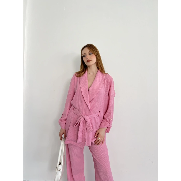 Bürümcük Bel Bağlamalı Kruvaze Yaka Tasarım Takım Pembe