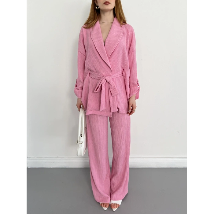 Bürümcük Bel Bağlamalı Kruvaze Yaka Tasarım Takım Pembe