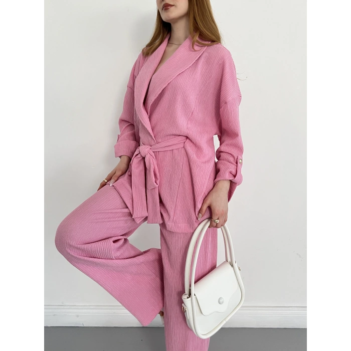 Bürümcük Bel Bağlamalı Kruvaze Yaka Tasarım Takım Pembe