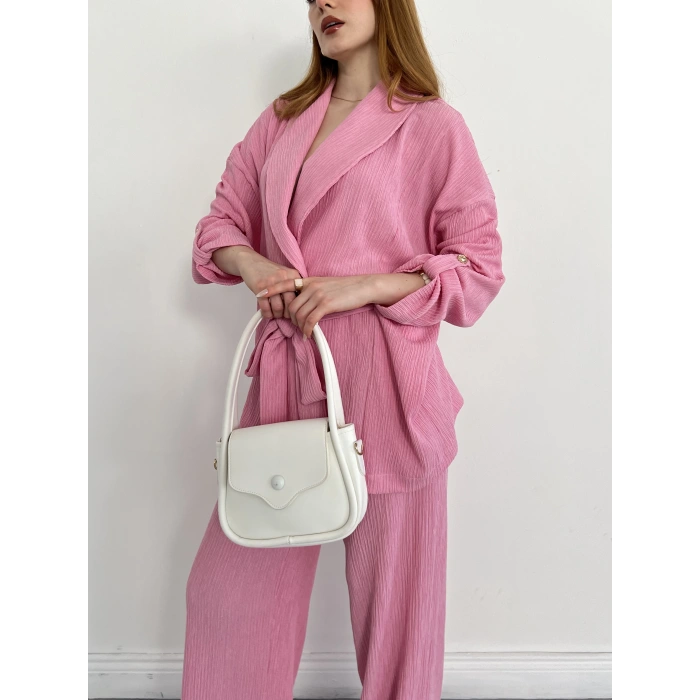 Bürümcük Bel Bağlamalı Kruvaze Yaka Tasarım Takım Pembe