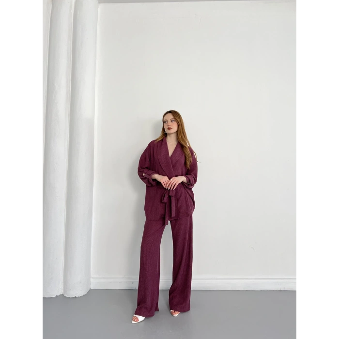 Bürümcük Bel Bağlamalı Kruvaze Yaka Tasarım Takım Mürdüm