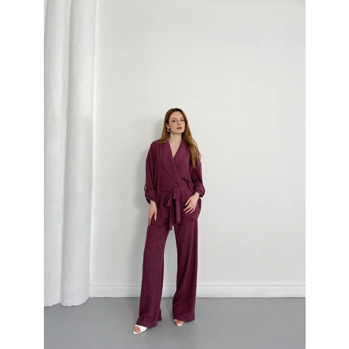 Bürümcük Bel Bağlamalı Kruvaze Yaka Tasarım Takım Mürdüm