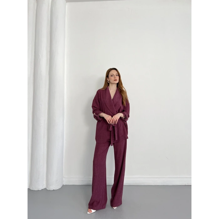 Bürümcük Bel Bağlamalı Kruvaze Yaka Tasarım Takım Mürdüm