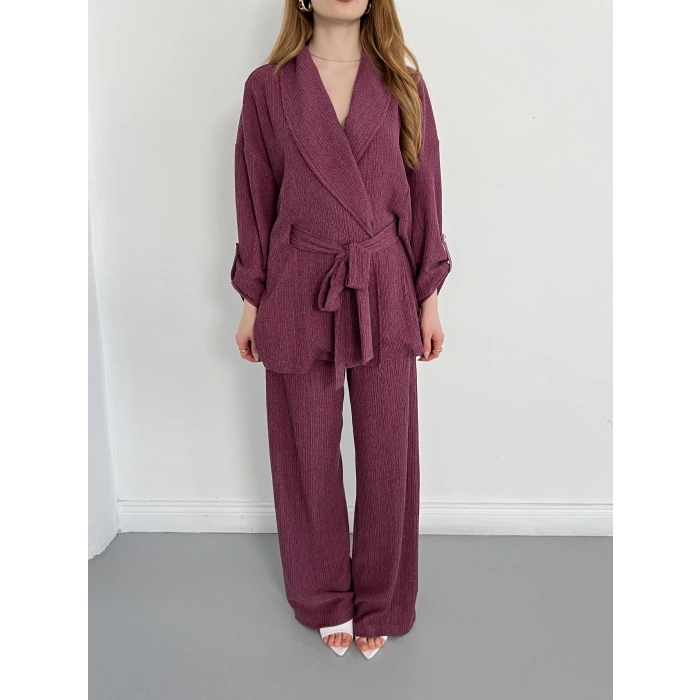 Bürümcük Bel Bağlamalı Kruvaze Yaka Tasarım Takım Mürdüm